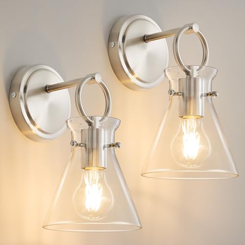 Image of Wall Sconces 2 Pack Vanity Light Fixture for Bathroom Nickel | Wall Mount Lighting Lamp, Farmhouse Wall Lights 6'' Clear Glass, Hardwired for Mirror