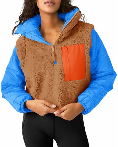 Tankaneo Womens Fleece Puffer Pullover Jacket Sherpa Fuzzy Coat Fall Winter Half Zip Color Block Sweatshirt