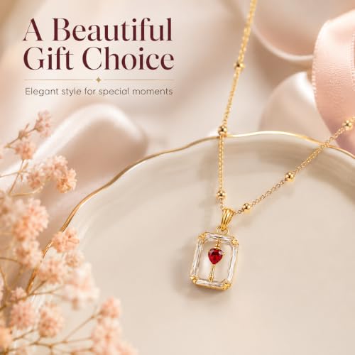 Image of Gold Plated Pendant Necklace for Women & Girls, Clear Rectangle-Cut CZ Pendant with Red Heart Stone, Lightweight Beaded Chain Jewellery for Office, Party & Gifting
