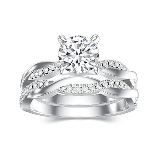 10k White Gold 1.22 Carat (ctw) Round-Cut Moissanite Twisted Bridal Sets Wedding Engagement Ring Sets for Women(Customizable 10k gold, 14k gold, 18k gold)