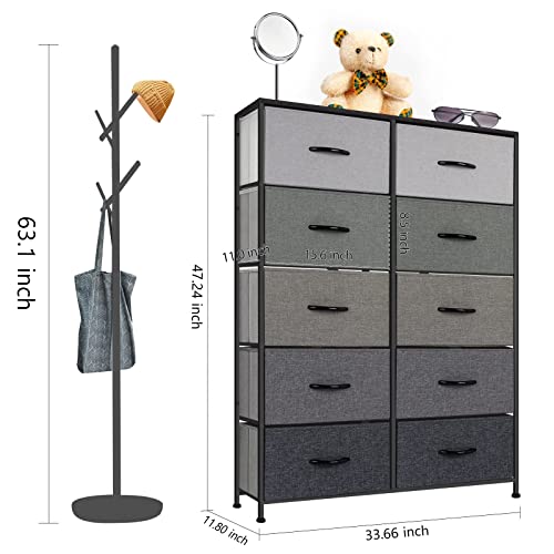 Llappuil 10 Drawer Dresser For Bedroom, Fabric Chests Of Drawers Tower, Tall Clothes Storage Organizers Cabinets For Closet, Living Room, Hallway, Nursery, Grey #TOP4