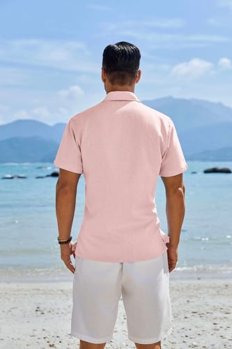 Image of COOFANDY Men's Button Down Shirts Short Sleeve Casual Shirts Summer Beach Linen Shirts with Pocket