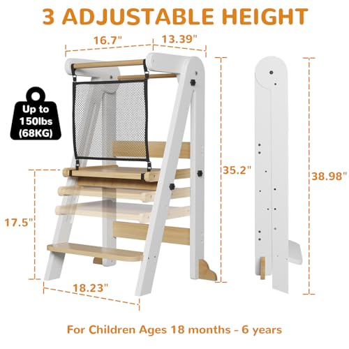 Image of ROOMTEC Foldable Toddler Kitchen Tower, 3 Adjustable Height Wooden Step Stool, Toddler Standing Tower with Safety Net for Kitchen Bathroom Sink Counter
