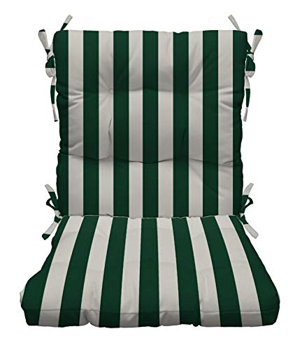 RSH DECOR: Tufted High Back Seat Cushion | 44” x 22” | All-Weather Spun Fabric | Water and Fade-Resistant | Outdoor Chair Cushion for Patio Furniture | Hunter Green & White Stripe