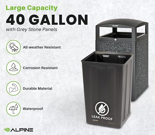 Image of Alpine Outdoor Commercial Trash Can with Lid - 40 Gallon Heavy Duty Metal Garbage Can with Removable Bin, Locking Lid for a Modern Look in Park, Mall & High Traffic Areas-Grey Stone Panels (With Tray)