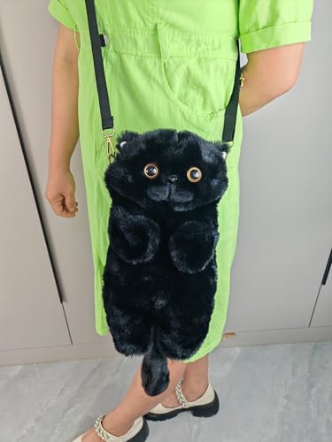 HUIJUFU Realistische geschwollene Plüsch-Umhängetasche in Katzenform, für Damen, Schwarz