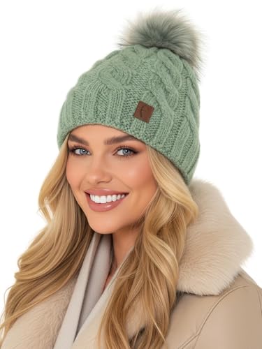 Baesics Wintermütze Mint mit Zopfmuster Damen Herren – Gefütterte Bommelmütze mit Kunstfell Pompon, Strickmütze Beanie Stil, Made in EU, One Size, Warm & Elastisch mit...