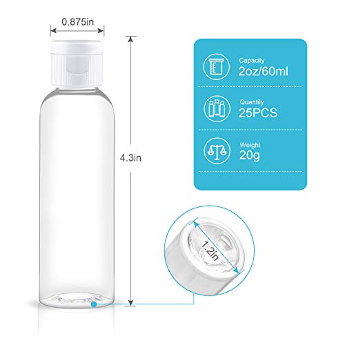 2 Ounce/60ml Plastic Empty Bottles with Flip Cap, Refillable Cosmetic Bottles, Air Flight Travel Bottles for Shampoo, Liquid Body Soap, Toner, Lotion, Cream - Clear - Set of 25 - Thumbnail 2