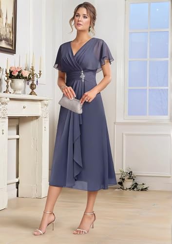 Tea Length Mother of The Bride Dresses for Wedding Short Sleeve V Neck Chiffon Formal Evening Gown for Women4