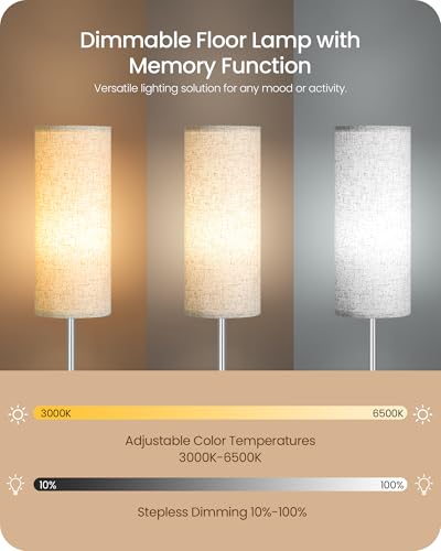 Image of Dimmable Floor Lamps for Living Room with Remote and Foot Switch, 64.4 inch Modern Standing Tall Lamp, Corner Lamp for Bedroom, Office, Bulb Included, 3000K-6500K, Beige and Silver, FCC Listed SE06LD05W1