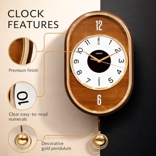 Image of ARMONIA Designer Pendulum Wall Clock for Living Room - Large Decorative Acrylic Lolak Wall Clock with Silent Sweep Movement, Modern Vintage Style Home Decor Clock for Bedroom & Office (Brown, 70x30cm)