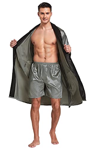 Image of TONY AND CANDICE Men's Satin Robe Lightweight Long Sleeve Silk Kimono Bathrobe with Shorts Set Sleepwear