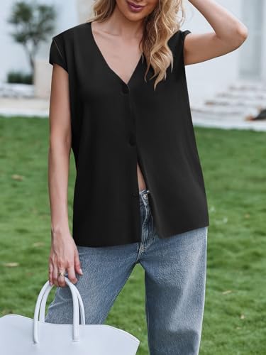 Saodimallsu Womens Deep V Neck Sweater Vest Sleeveless Knit Button Up Loose Fit Cap Sleeve Trendy Summer Tops2