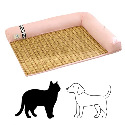 ペット用クールマット 夏用 涼感 猫ベッド 犬ベッド L型枕付き 防滑底 通気性 洗える ペットハウス 快適寝床 (四角ピンク, M 48*60CM)