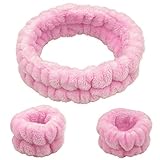 FROG SAC Spa Headband and Wristbands for Face Washing, Fuzzy Skincare Headbands for Women, Soft Makeup Skin Care Hair Accessories for Girls, Make Up Sleepover Supplies (Pink)