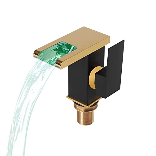 LED cascata lavandino rubinetto in vetro rubinetto lavabo cascata beccuccio rubinetto 3 colore cambiamento illuminazione per bagno (nero+oro)