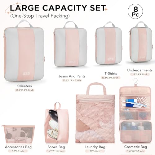 Image of OlarHike 8 Set Compression Packing Cubes for Travel Gifts Mom Women,Airplane /Cruise /Car Travel Essentials,Compressible Expandable Space Saver Bags,Garment Bags with Over 1000 pcs Mesh Holes(Beige)