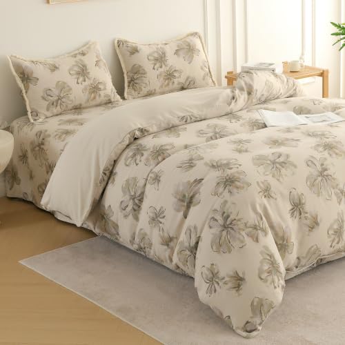 Image of Story@Home King Size Bedcover Set | 400 TC Microfiber Bedding Set with 1 Duvet Cover 1 King Bedsheet 270 x 250 cm & 2 Pillow Covers | Soft Durable Duvet Cover Set Floral Pattarn | Beige Green
