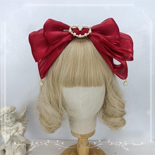 大リボン カチューシャ ロリータ髪飾り 大きい蝶結び ヘッドドレス 立つ姿 パール ハート ヘアアクセサリー パーティー ハロウィン 宴会 学園祭 蝶結び かわいい コスプレ (F,ワインレッド)