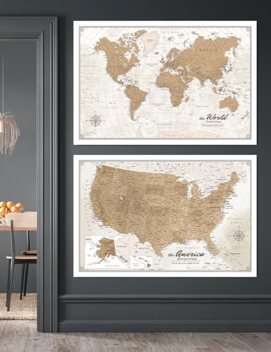 Image of IPIC - World and USA Map Canvas Wall Art, Oversized Travel Map Prints for Office, Home, Study and RV, Push Pin Board Decor for Travel Lovers, Ready to Hang