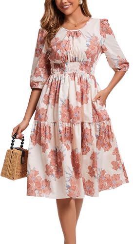 Image of Kormei Women Summer Casual Boho Floral Round Neck 3 /4 Sleeve Smocked Waist Tiered Flowy Swing Midi Dress M Pink Floral