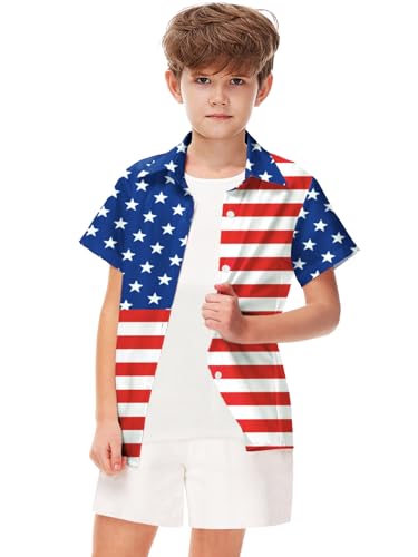 Image of Remimi Unisex Kids 4th of July Button Up Shirt Boys American Flag Print Hawaiian Beach Short Sleeve Tops 5-14 Years