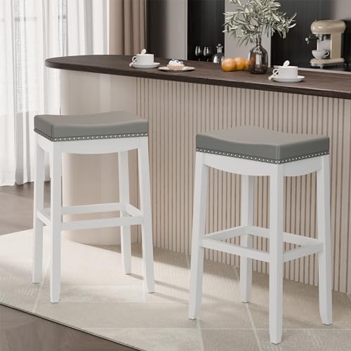 Xilingol 001 Bar Height Backless Saddle Barstools, Set Of 2 - Upholstered, With Rivet Detail And Solid Wood Legs cover