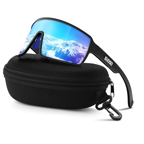 suoso Fahrradbrille-Sportbrille-Herren-Damen-Schnelle Brille Rave-UV400-Polarisiert Sonnenbrille-Radfahren-Rennrad brille,A01-Schwarz-Eisblau