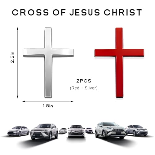 Image of 2 PCS Metal Christian Cross Emblem Stickers, 2.5 inchx1.8 inch Alloy 3D Car Cross Sticker Badge, Self-Adhesive Emblem Decal Decoration for Auto Trunk Tailgate Fenders, Car Exterior Decal (Silver+Red)
