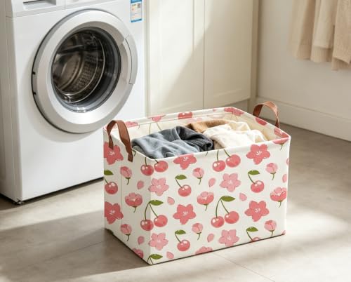 Image of Rectangular Cherry Basket Girls Baskets Storage Bins Room Decor Cute Organizer Box(Cherry)