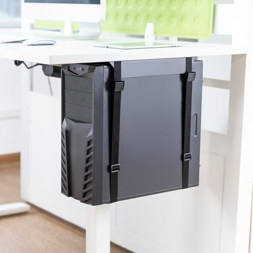 Image of Desky Strap-On CPU Mount - Under-Desk Adjustable PC Holder with Steel Bracket & Foam Padding - Supports CPUs up to 22 lbs, Fits Towers up to 15.7 inch - Black