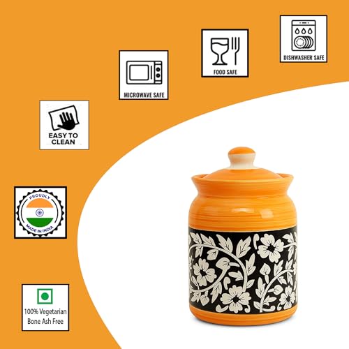 Image of D'Maiolica HandPainted Ceramic Salt Jars 1000 ML (Set of 2) | Pottery Martban 1000 ML Set of 2 | Round Achaar Barni | Achaar Jar 1 KG | Ceramic Pickle Jar 1000g (Yellow &Black Full Bale)
