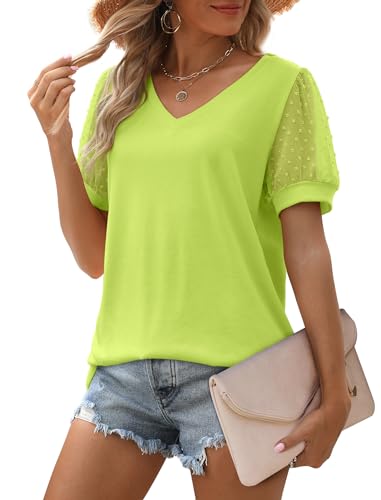 Image of Aokosor Womens Summer Tops V Neck T Shirts Swiss Dot Puff Sleeve Tops Loose Casual Tshirts