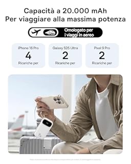 Baseus Powerbank 45W 20000mAh con 2 Cavi USB-C Integrati, Ricarica Rapida Power Bank PD3,0 QC4,0, 3 C 1 A, Caricatore Portatile per iPhone 16/15/14 Pro Max, iPad, Samsung, Bianco