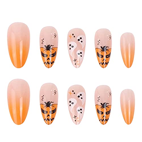 Halloween Press On Nail Yellow Halloween Fake Nail Stiletto Almond Acrylic Nail For Women Sticker On Nail With Glue Full Cover False Nail For Halloween Party,24Pcs False Nail #TOP1