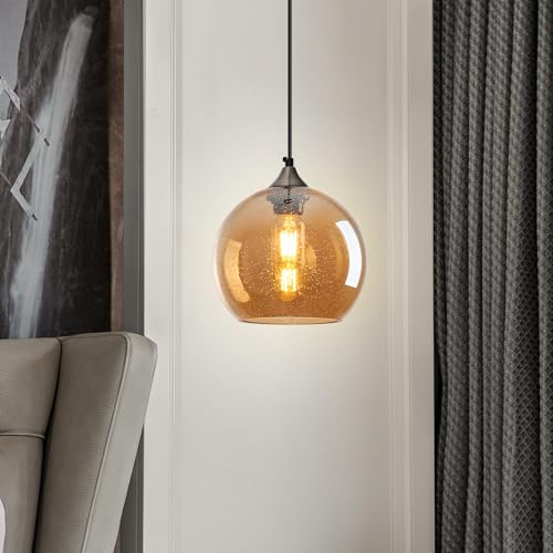 Image of Amber Glass Pendant Lights Kitchen Island Lighting Globe Pendant Light Fixtures Modern Pendant Lighting for Bedroom Living Dining Room Light Fixture (7.87 in, 3 Pack)