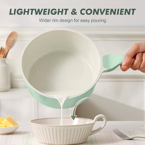 Image of SENSARTE Ceramic Nonstick Saucepan with Lid 1.5 Quarts, Small Kitchen Cooking Pot with Stay Cool Handle, Induction Compatible, Ceramic Coating, Free of Intentionally Added PTFE /PFOA /PFAS, Green