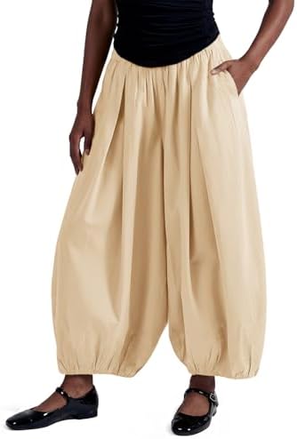 Fisoew Womens Wide Leg Balloon Pants Casual Barrel Elastic Waist Pleated Baggy Workout Sweat Pants with Pockets