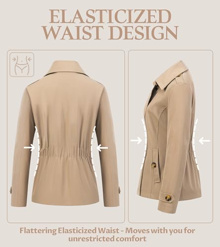 CREATMO US Women's Cropped Trench Coat Classic Double Breasted Lapel Jacket Water Repellent Outerwear4