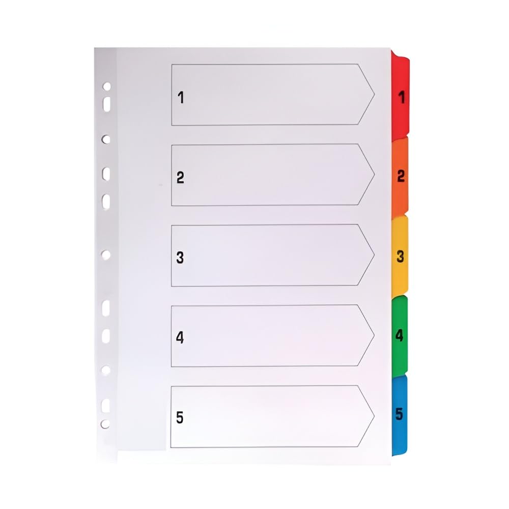 Indigo® A4 File Dividers – Numbered 1–5 Index with Multicolour Tabs, White Card, Mylar-Reinforced, Multipunched – Pack of 25 for Binders & Filing