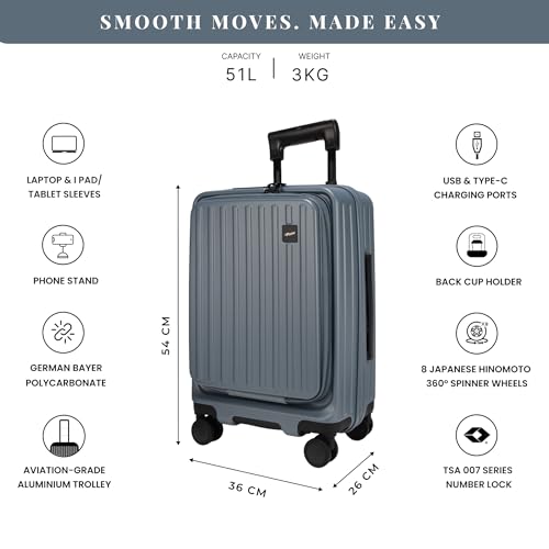 Image of F Gear Montreal Small Cabin Pro 54cm German Polycarbonate Hard Luggage |8 Japanese Hinomoto Silent Wheels|USB & Type-C Charging | Front Opening Suitcase for Travel (Stone Blue)