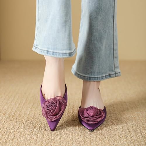 Women Flower Decor Kitten Heel SLingback Pumps Closed Pointed Toe Soft Upper Slip On Low Heel Dress Sandals with Elastic Ankle Strap For Dating Party Wedding Commuting4