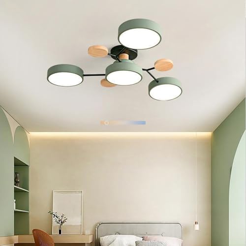 Plafonnier LED moderne bois et fer vert avec 4 lampes pour salon