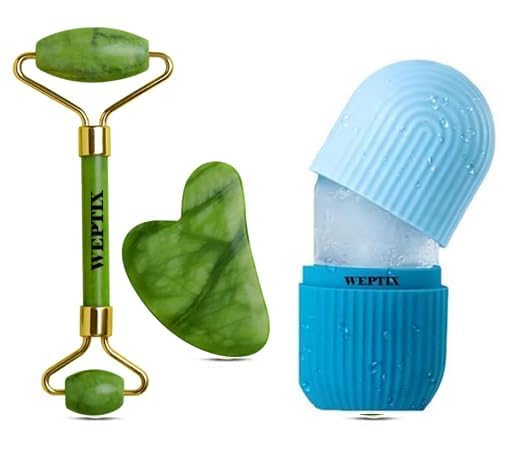 Image of 3D Manual Roller Face Body Massager With And Anti Aging 100% Natural Jade Stone Roller Msagger With Gua Sha Tools for Face and Body Massager- (NEW blue+Stone)