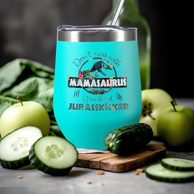 ATHAND Mothers Day Gifts for Mom,Mamasaurus Tumbler Gifts for mother in law with Lid 12oz Wine Glasses,Mom Cup Double Wall Insulated Coffee Mug,Birthday Gift for Wife Women (Mint)