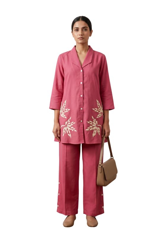 Women's Pink Embroidered Cotton Flex Co-ord Set-image-26
