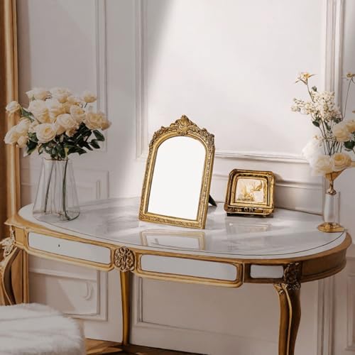 HSDHOME Gold Vintage Vanity Desk Mirror with Carved Resin Frame