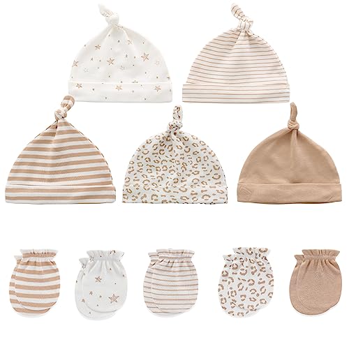 Image of MAMIMAKA Baby Hat and Mittens Set Newborn Baby Hats Caps for Baby Boys Girls 0-6 Months 100% Cotton