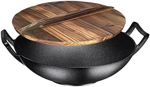 Bruntmor 14 Inch Pre-Seasoned Cast Iron Wok/Pot. 14" Nonstick Skillet Pan With Large Loop Handles & Flat Base & Lightweight Wooden Pot Lid Cover. Koockingware For Kitchen/Indoor/Outdoor Camping.