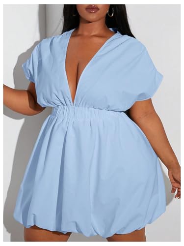 Image of WDIRARA Women's Plus Size Deep V Neck Bubble Dress Short Sleeve A Line Mini Dresses